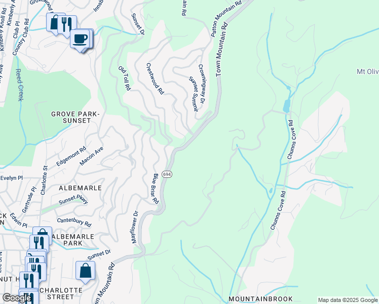 map of restaurants, bars, coffee shops, grocery stores, and more near 647 Town Mountain Road in Asheville