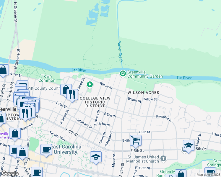 map of restaurants, bars, coffee shops, grocery stores, and more near 131 North Eastern Street in Greenville
