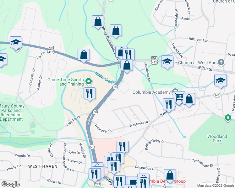 map of restaurants, bars, coffee shops, grocery stores, and more near 851 West James Campbell Boulevard in Columbia
