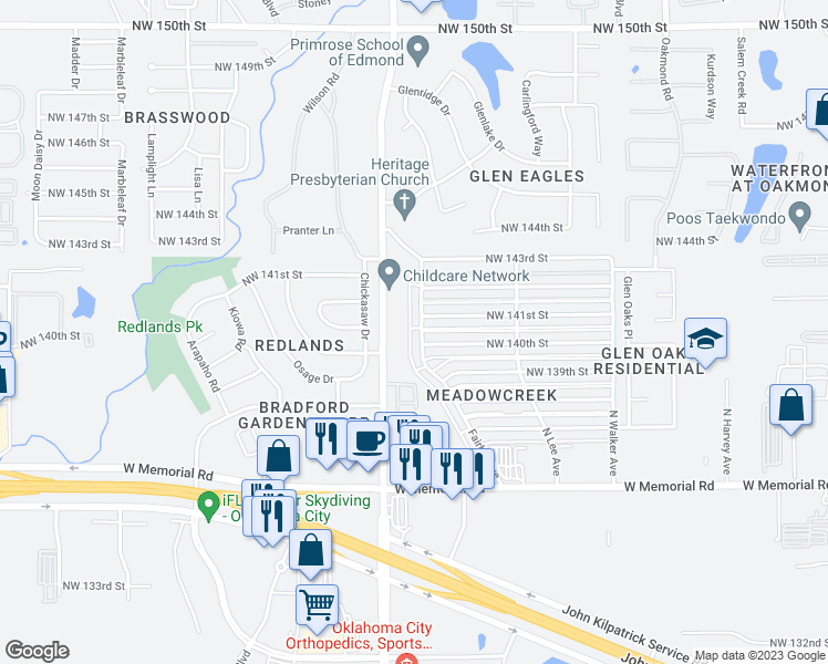map of restaurants, bars, coffee shops, grocery stores, and more near 14107 Fairhill Avenue in Edmond