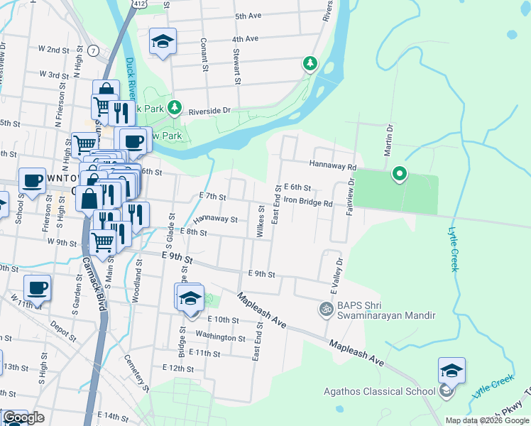 map of restaurants, bars, coffee shops, grocery stores, and more near 6 North Wilkes Street in Columbia