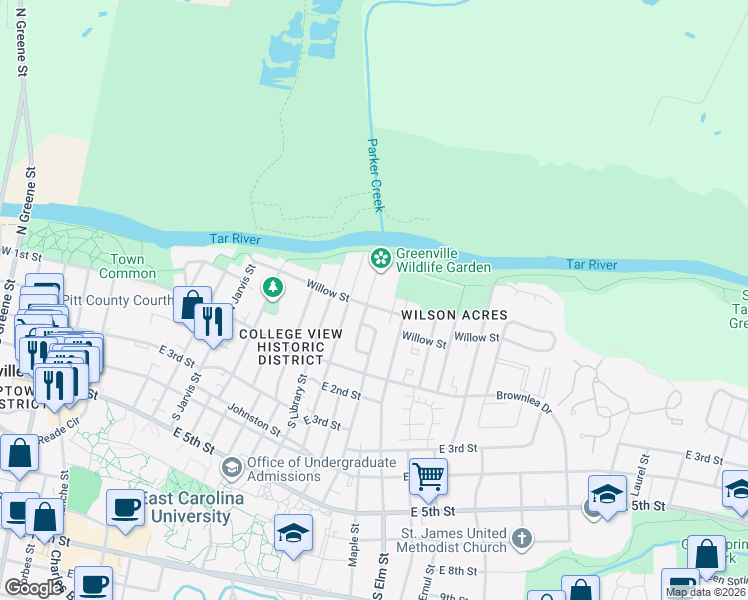 map of restaurants, bars, coffee shops, grocery stores, and more near 200 Stancill Drive in Greenville