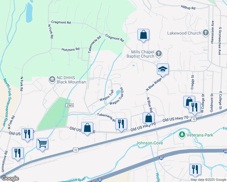 map of restaurants, bars, coffee shops, grocery stores, and more near 74 Wagon Trail in Black Mountain