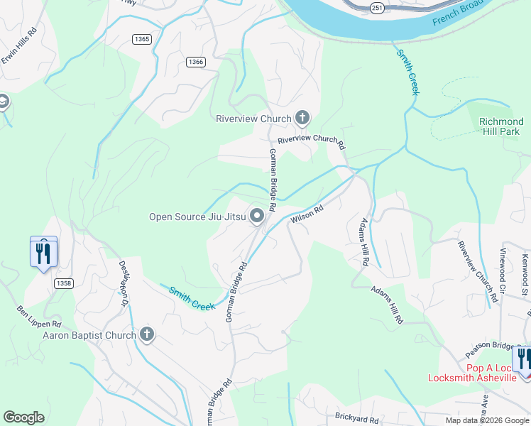map of restaurants, bars, coffee shops, grocery stores, and more near 24 Sienna Drive in Asheville