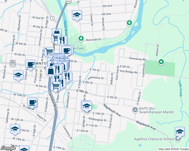 map of restaurants, bars, coffee shops, grocery stores, and more near 400 East 7th Street in Columbia