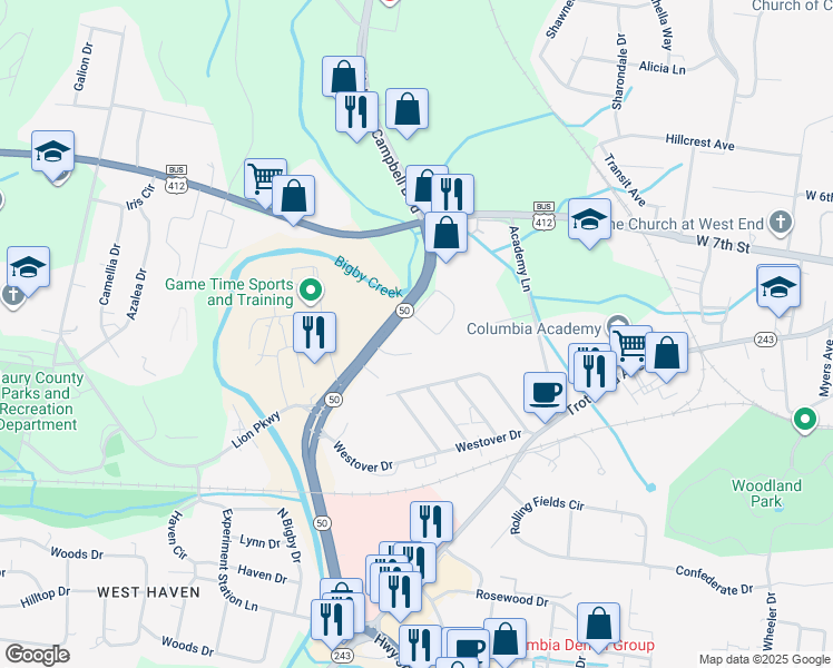 map of restaurants, bars, coffee shops, grocery stores, and more near 851 West James Campbell Boulevard in Columbia