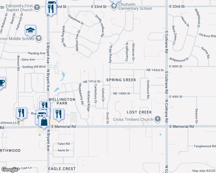 map of restaurants, bars, coffee shops, grocery stores, and more near 14204 Oxford Drive in Edmond