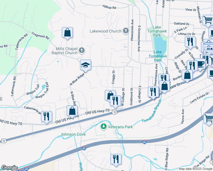map of restaurants, bars, coffee shops, grocery stores, and more near 204 Central Avenue in Black Mountain