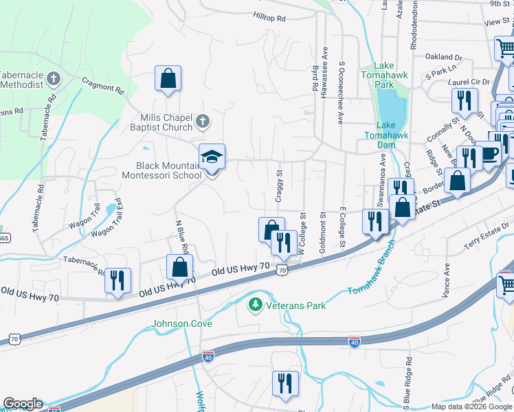 map of restaurants, bars, coffee shops, grocery stores, and more near 78 Locust Street in Black Mountain