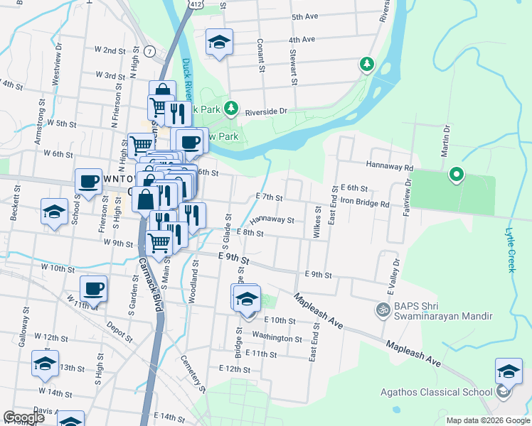 map of restaurants, bars, coffee shops, grocery stores, and more near 400 East 7th Street in Columbia