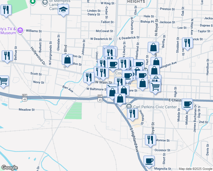 map of restaurants, bars, coffee shops, grocery stores, and more near 213 West Main Street in Jackson