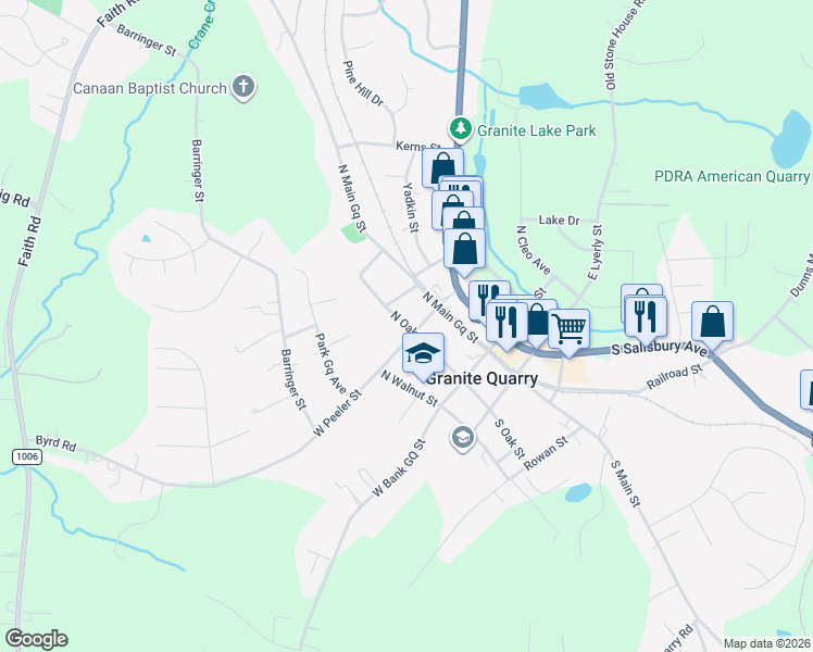 map of restaurants, bars, coffee shops, grocery stores, and more near North Oak Street in Granite Quarry