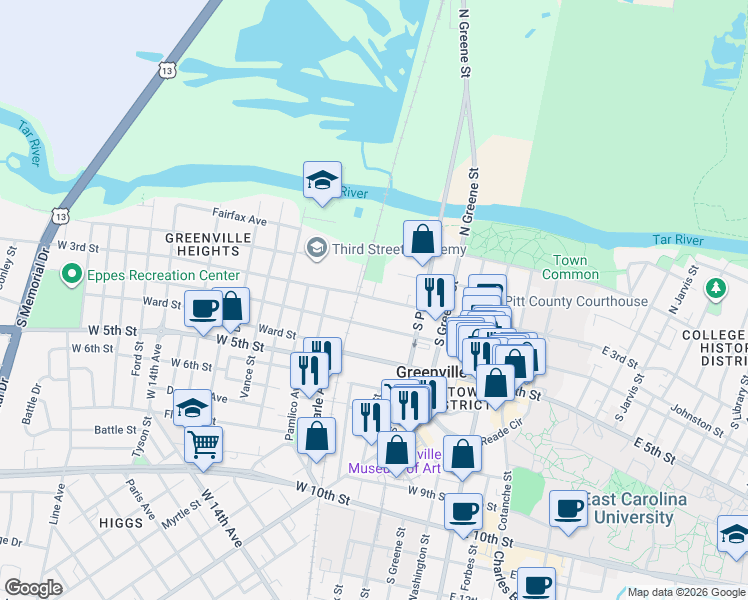 map of restaurants, bars, coffee shops, grocery stores, and more near 207 New Street in Greenville
