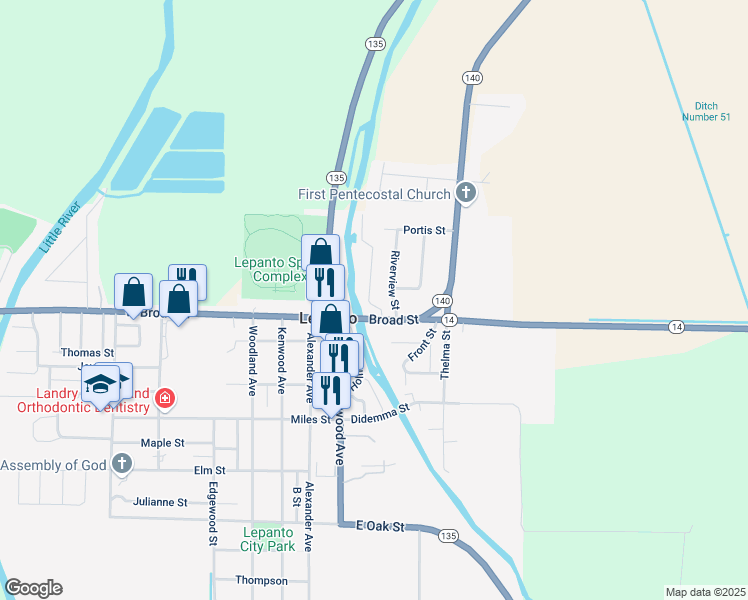 map of restaurants, bars, coffee shops, grocery stores, and more near 124 Riverview Street in Lepanto