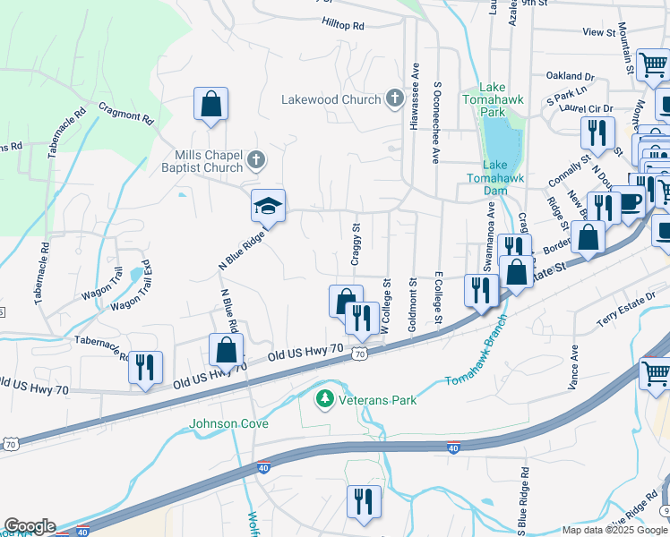 map of restaurants, bars, coffee shops, grocery stores, and more near 204 Central Avenue in Black Mountain