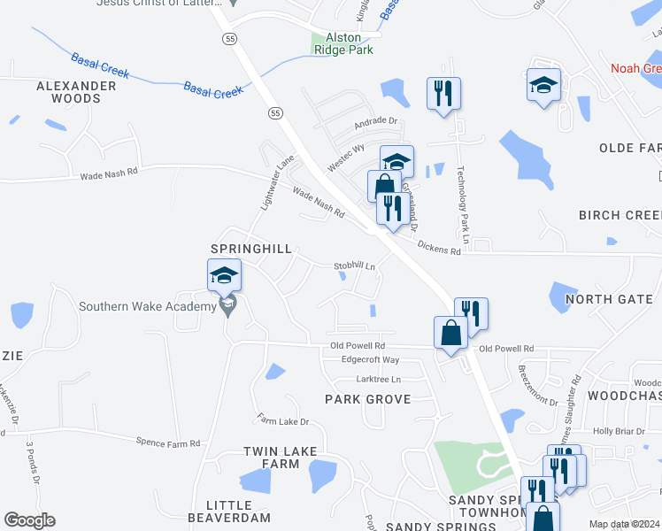 map of restaurants, bars, coffee shops, grocery stores, and more near 154 Stobhill Lane in Holly Springs