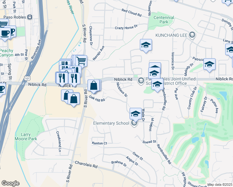 map of restaurants, bars, coffee shops, grocery stores, and more near 327 Oak Hill Road in Paso Robles