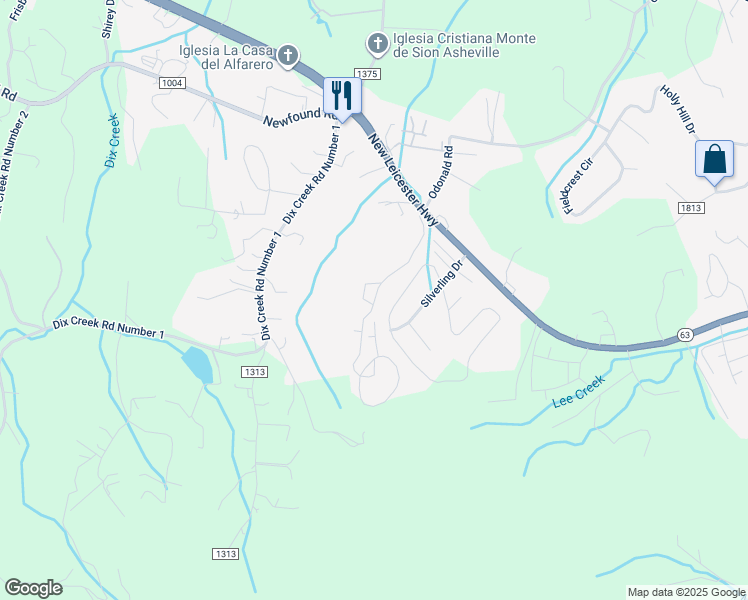map of restaurants, bars, coffee shops, grocery stores, and more near 604 Asheville Springs Circle in Asheville