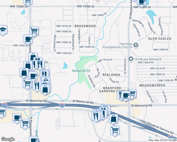 map of restaurants, bars, coffee shops, grocery stores, and more near 1416 Northwest 141st Street in Edmond