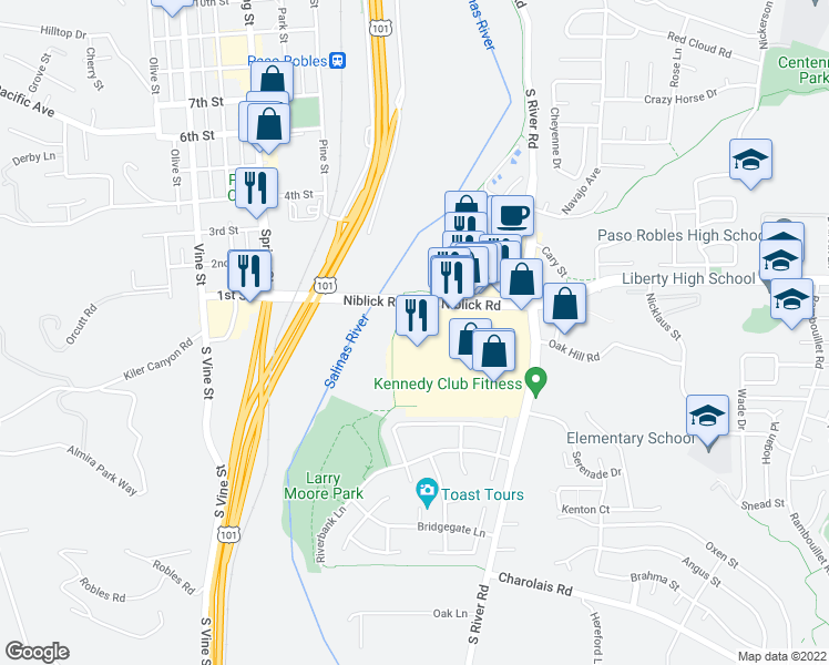 map of restaurants, bars, coffee shops, grocery stores, and more near 100 Niblick Road in Paso Robles