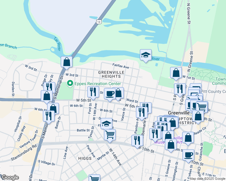 map of restaurants, bars, coffee shops, grocery stores, and more near 1013 West 4th Street in Greenville
