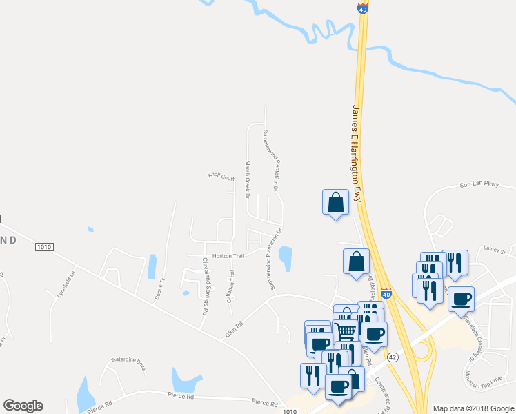 map of restaurants, bars, coffee shops, grocery stores, and more near Heron Point Way in Garner