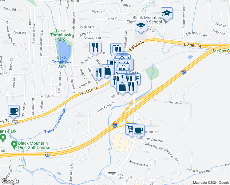 map of restaurants, bars, coffee shops, grocery stores, and more near 33 Vance Avenue in Black Mountain