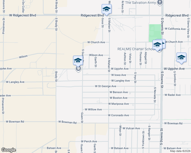 map of restaurants, bars, coffee shops, grocery stores, and more near 1344 West Iowa Avenue in Ridgecrest