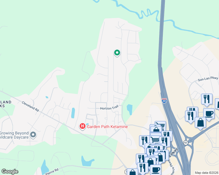 map of restaurants, bars, coffee shops, grocery stores, and more near 107 Marsh Creek Drive in Garner