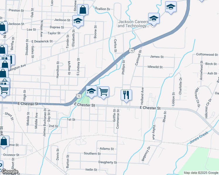 map of restaurants, bars, coffee shops, grocery stores, and more near 100 Millennium Drive in Jackson