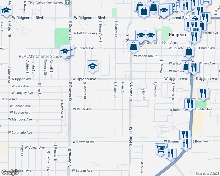 map of restaurants, bars, coffee shops, grocery stores, and more near 619 Plumblossom Court in Ridgecrest