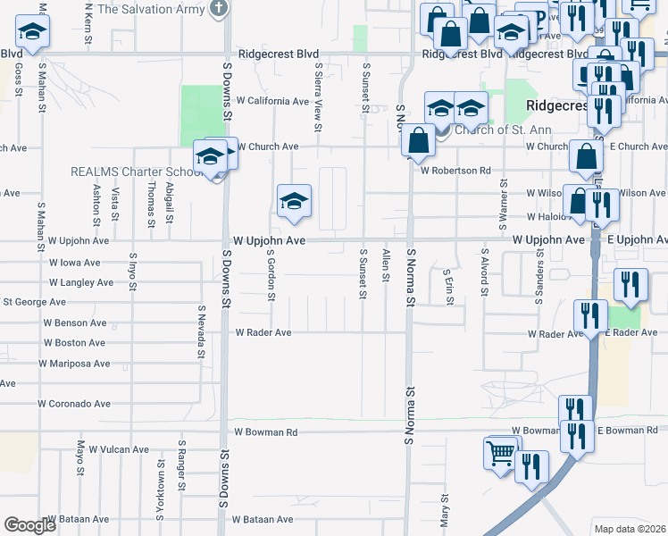 map of restaurants, bars, coffee shops, grocery stores, and more near 619 Plumblossom Court in Ridgecrest