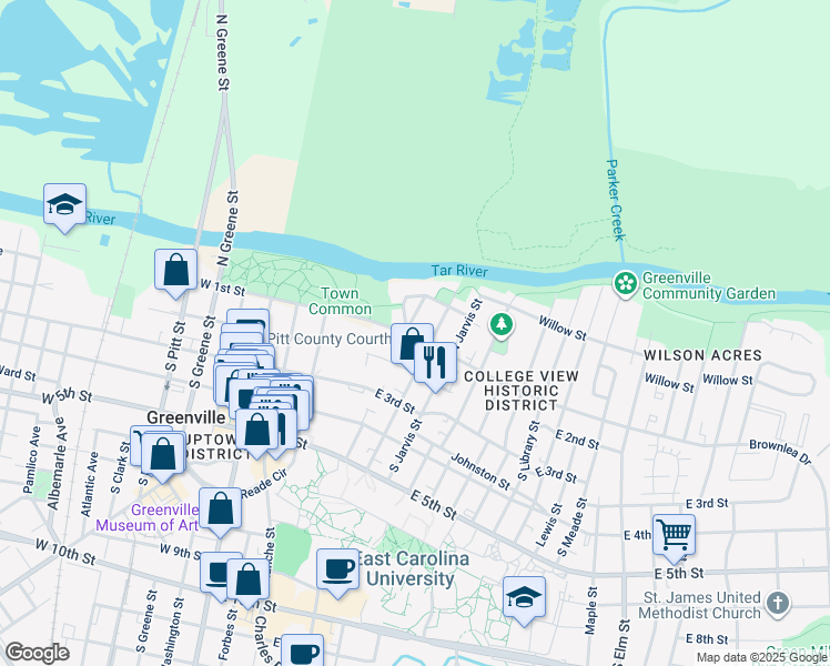 map of restaurants, bars, coffee shops, grocery stores, and more near 100 North Holly Street in Greenville