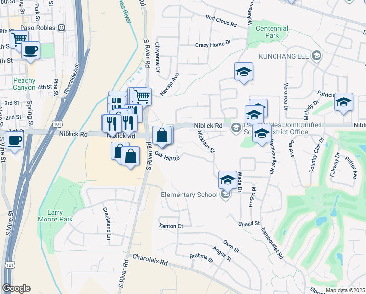 map of restaurants, bars, coffee shops, grocery stores, and more near 327 Oak Hill Road in Paso Robles