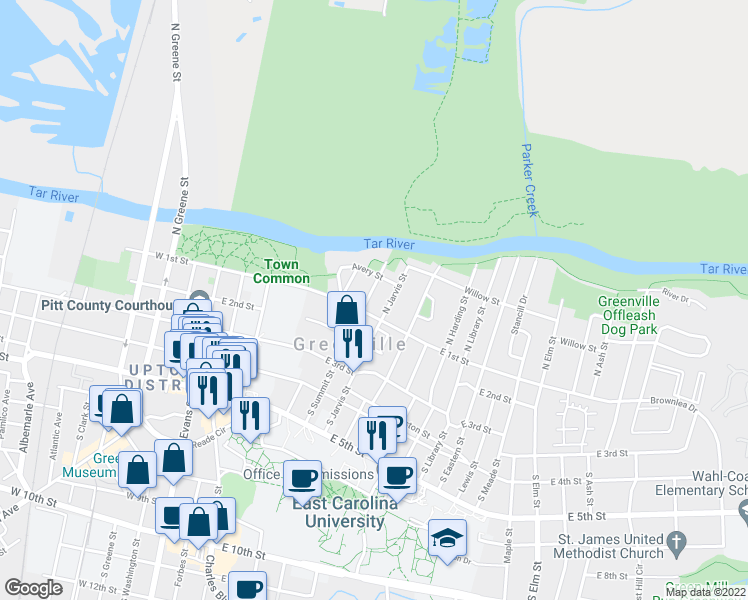 map of restaurants, bars, coffee shops, grocery stores, and more near 106 North Summit Street in Greenville