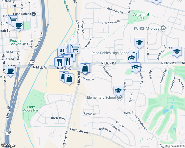 map of restaurants, bars, coffee shops, grocery stores, and more near 209 Oak Hill Road in Paso Robles
