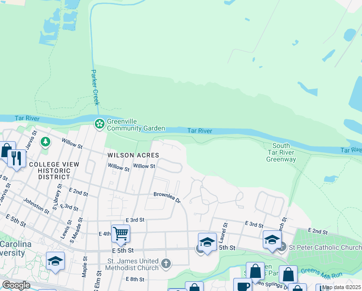 map of restaurants, bars, coffee shops, grocery stores, and more near South Tar Greenway in Greenville