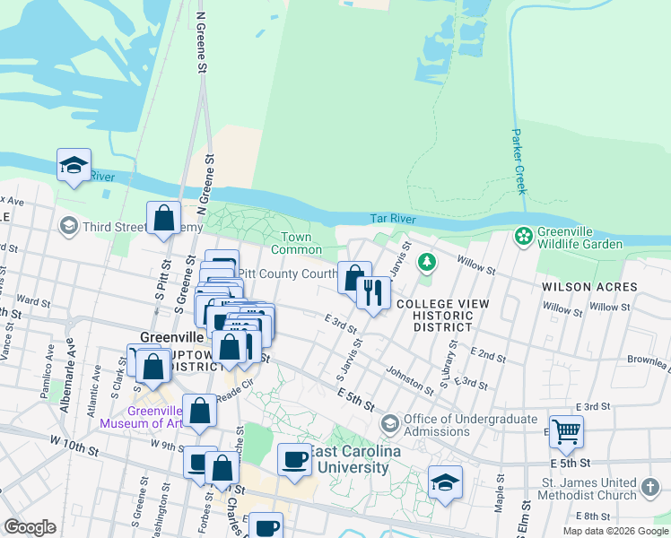 map of restaurants, bars, coffee shops, grocery stores, and more near 104 Baker Street in Greenville