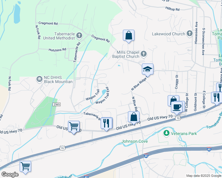 map of restaurants, bars, coffee shops, grocery stores, and more near 49 Wagon Trail in Black Mountain