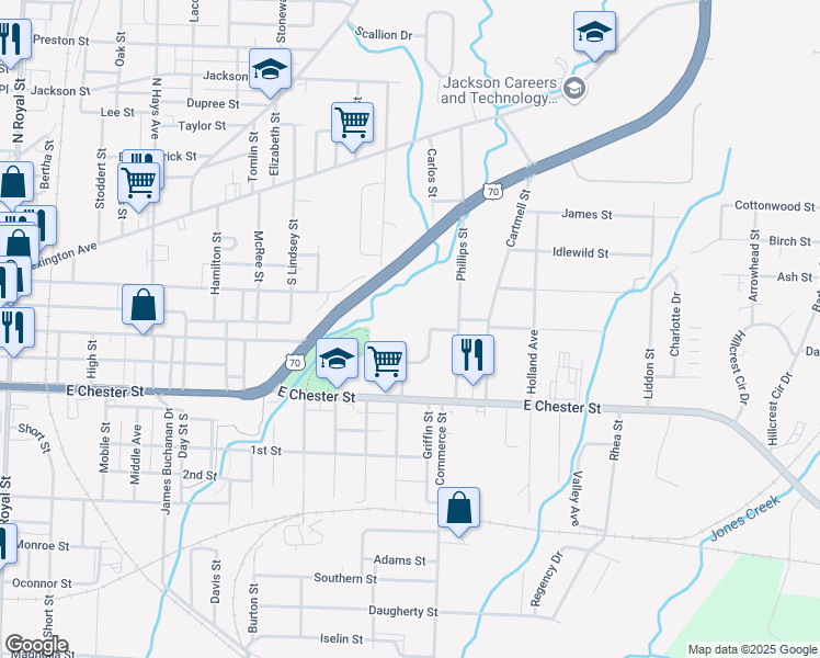 map of restaurants, bars, coffee shops, grocery stores, and more near 100 Millennium Drive in Jackson