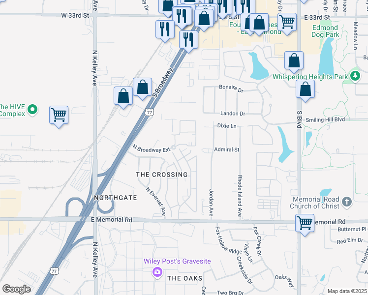map of restaurants, bars, coffee shops, grocery stores, and more near 14144 Crossing Way East in Edmond