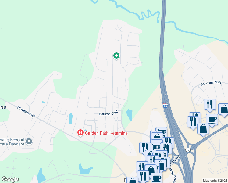map of restaurants, bars, coffee shops, grocery stores, and more near 96 Marsh Creek Drive in Garner