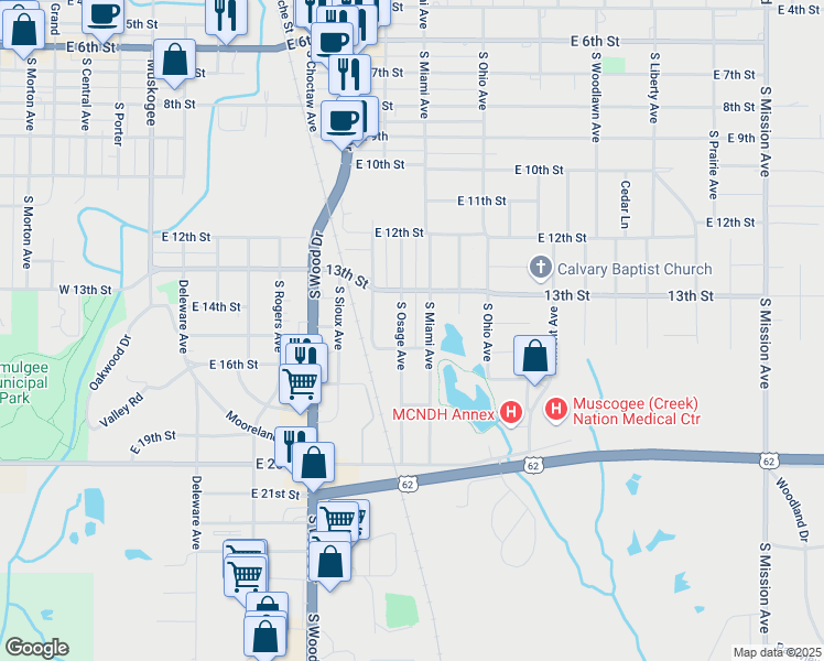 map of restaurants, bars, coffee shops, grocery stores, and more near 923 South Osage Avenue in Okmulgee