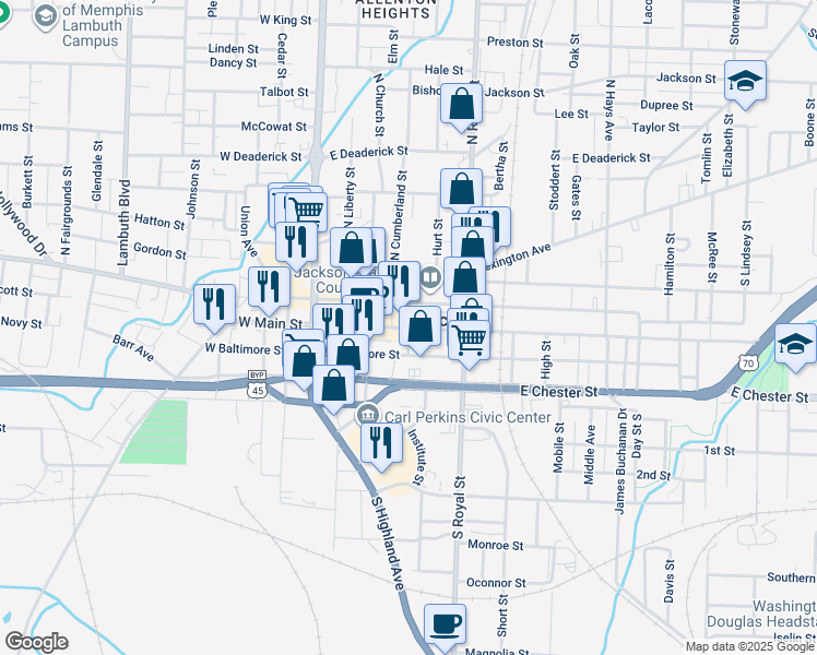 map of restaurants, bars, coffee shops, grocery stores, and more near 407 East Main Street in Jackson
