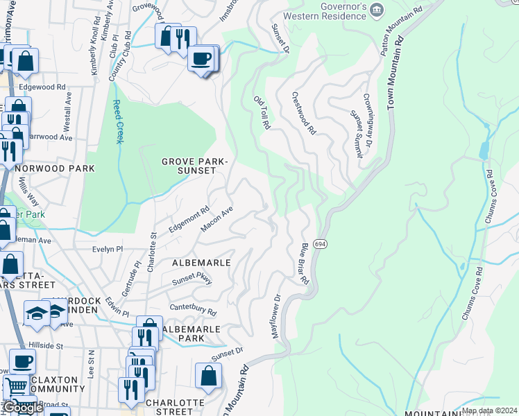 map of restaurants, bars, coffee shops, grocery stores, and more near 15 Sunset Trail in Asheville