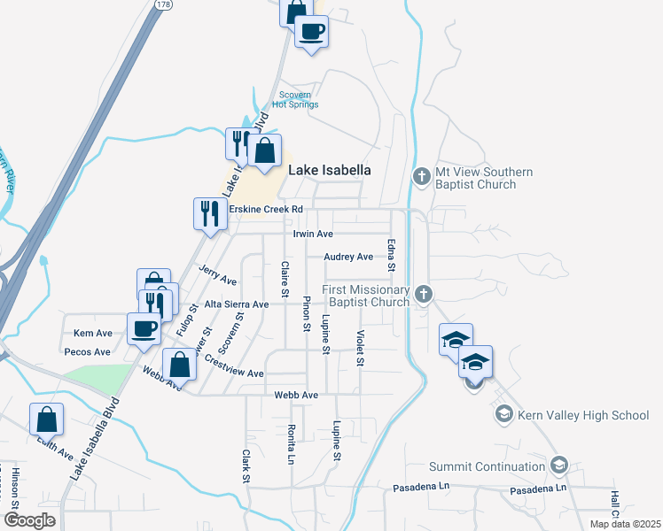 map of restaurants, bars, coffee shops, grocery stores, and more near 2836 Lupine Street in Lake Isabella