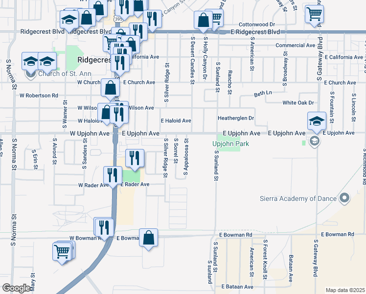 map of restaurants, bars, coffee shops, grocery stores, and more near 517 South Appaloosa Street in Ridgecrest