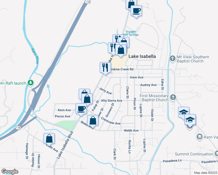 map of restaurants, bars, coffee shops, grocery stores, and more near 2840 Fulop Street in Lake Isabella