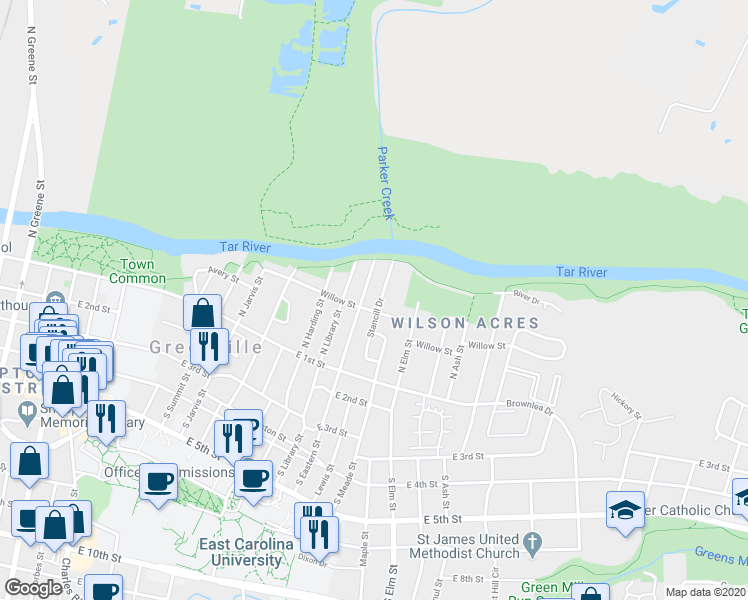 map of restaurants, bars, coffee shops, grocery stores, and more near 204 North Eastern Street in Greenville