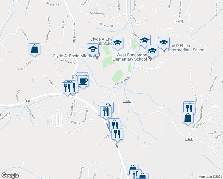 map of restaurants, bars, coffee shops, grocery stores, and more near 12 Creek View Drive in Asheville